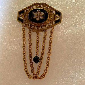 Vintage Victorian broach enamel with hanging chains and black bead granny core
